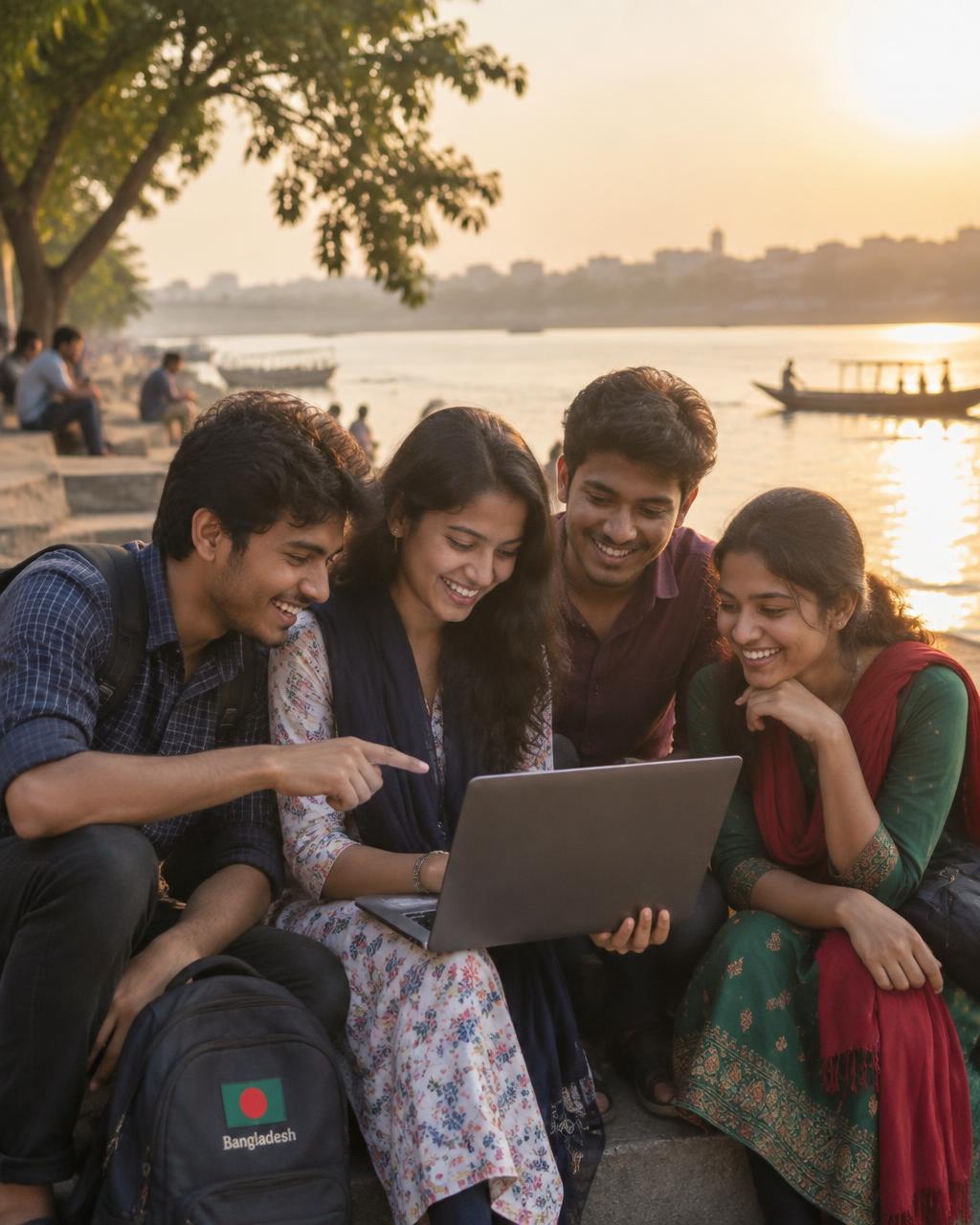 Young Bangladeshi students learning together on a laptop by a riverside at sunset